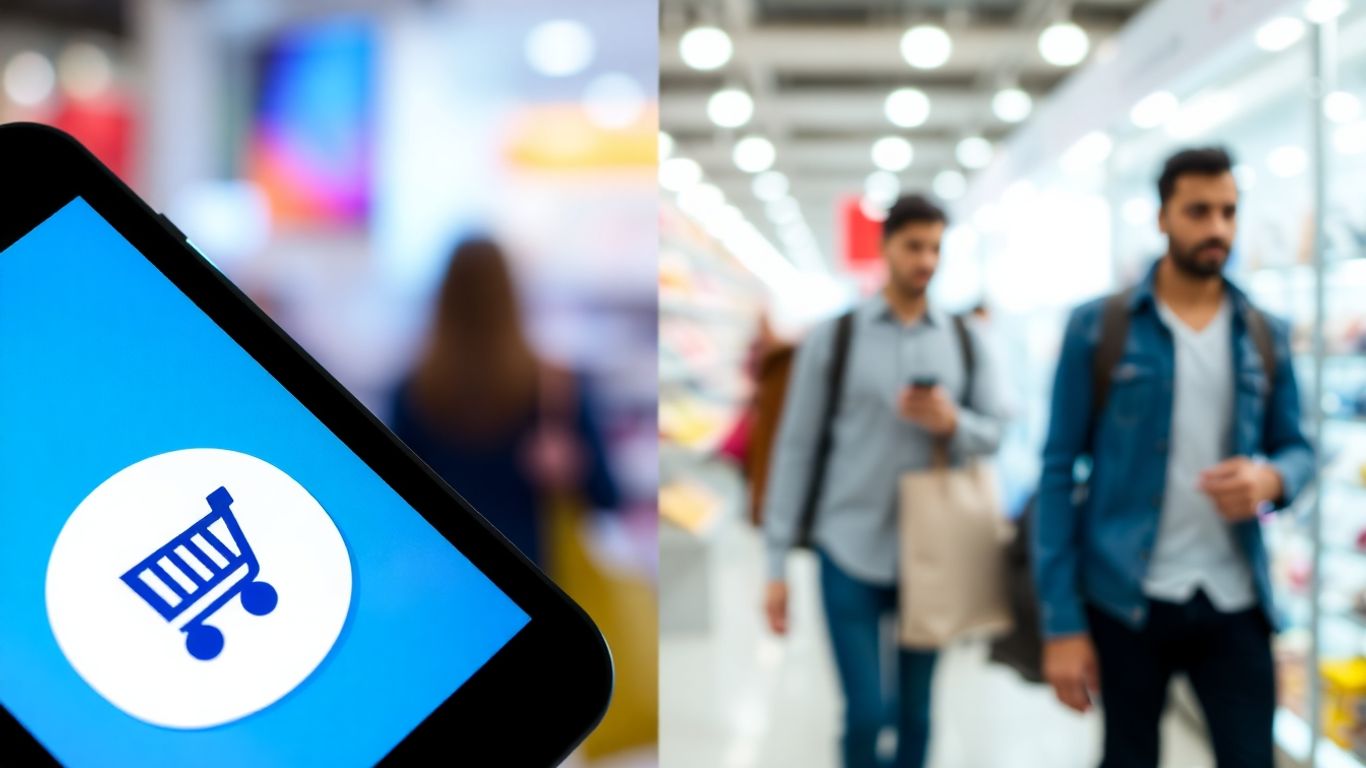 Smartphone avec panier et magasin animé