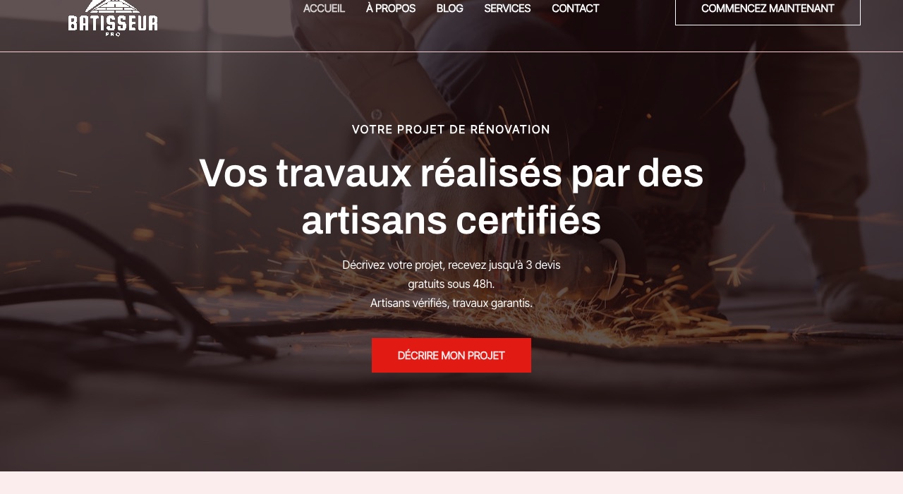 Page d'accueil de BatisseurPro, la plateforme de devis travaux de MKD Groupe