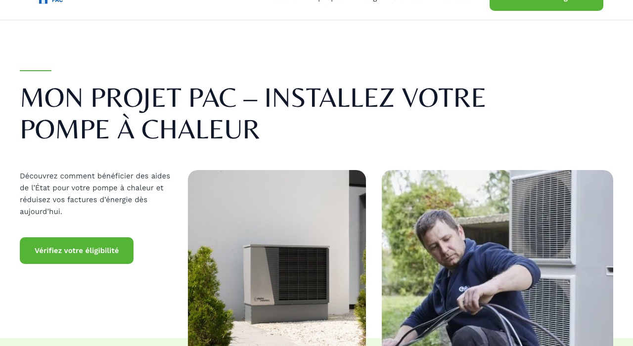 Page d'accueil de MonProjetPac, la plateforme pompe à chaleur de MKD Groupe