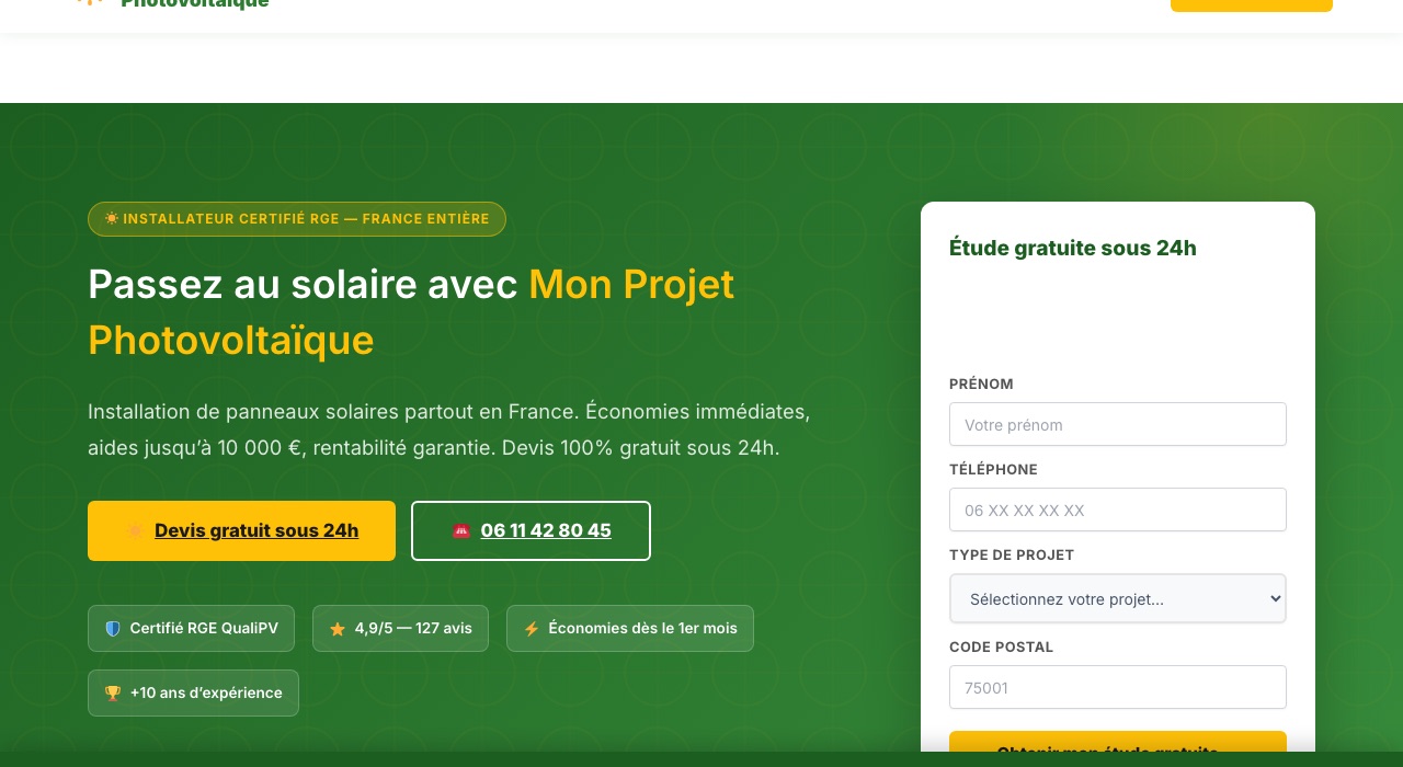 Page d'accueil de MonProjetPhotovoltaïque, la plateforme solaire de MKD Groupe